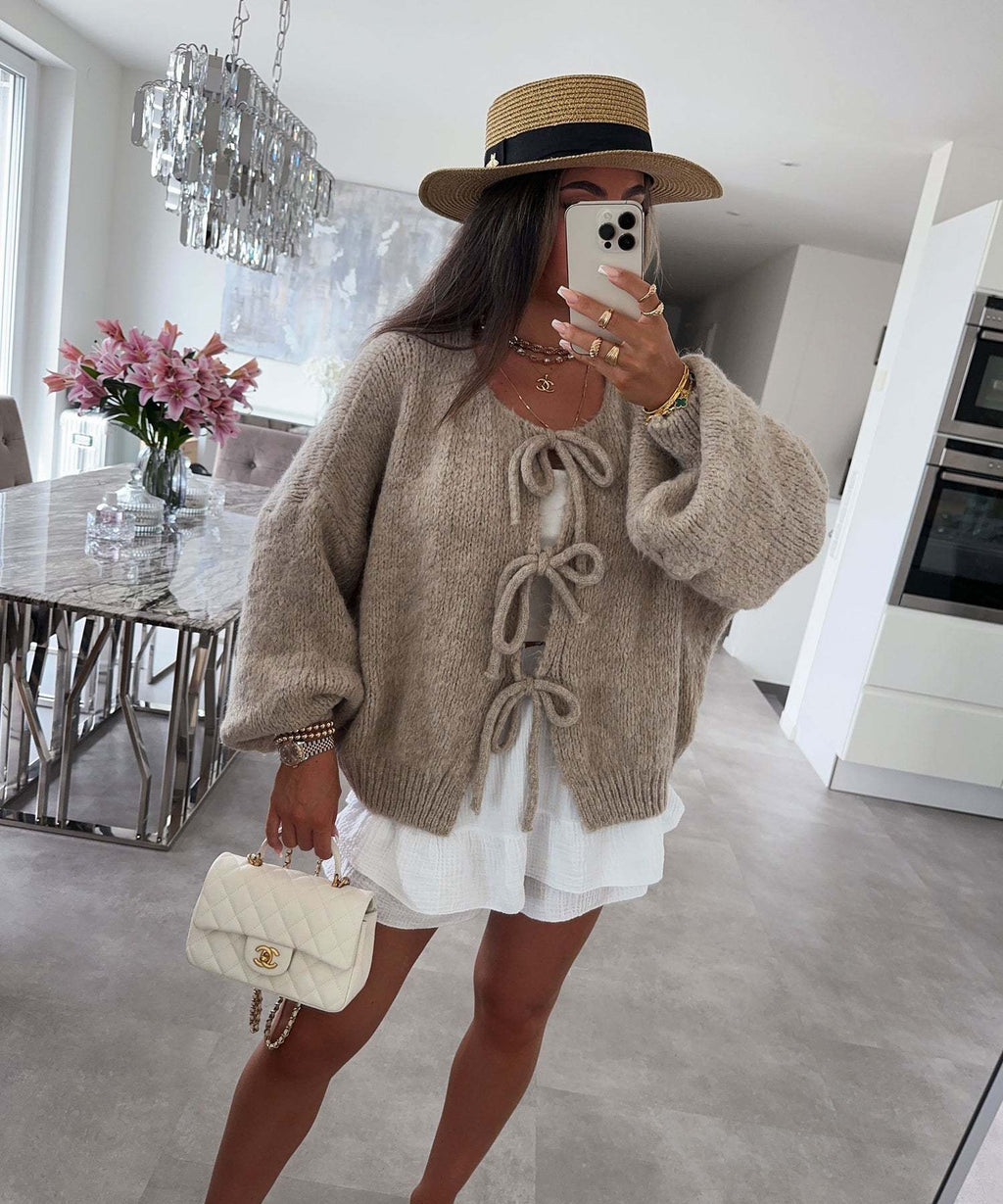 Bow Tie Front Balloon Sleeve Cardigan - Taupe - 2