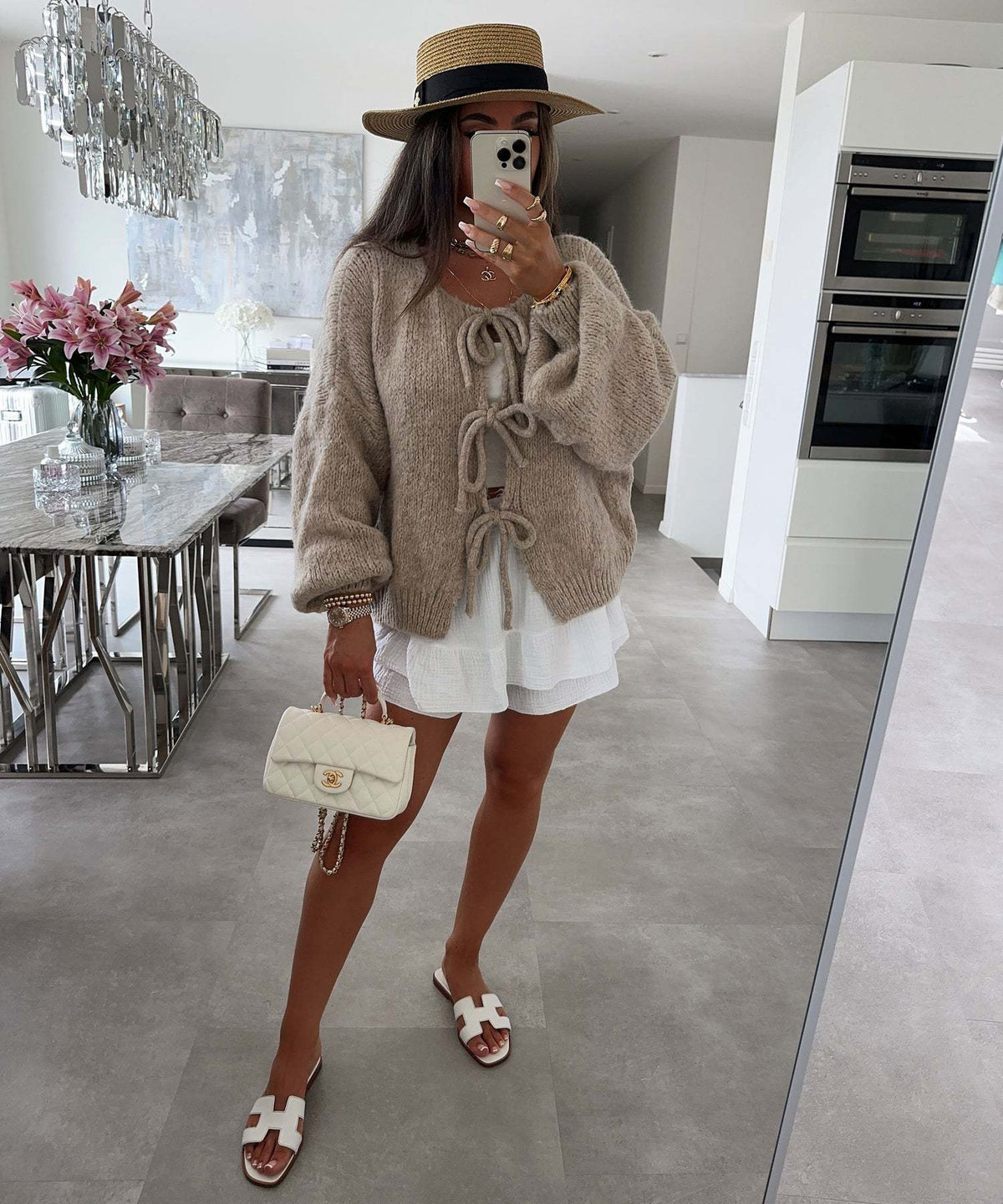 Bow Tie Front Balloon Sleeve Cardigan - Taupe - 3