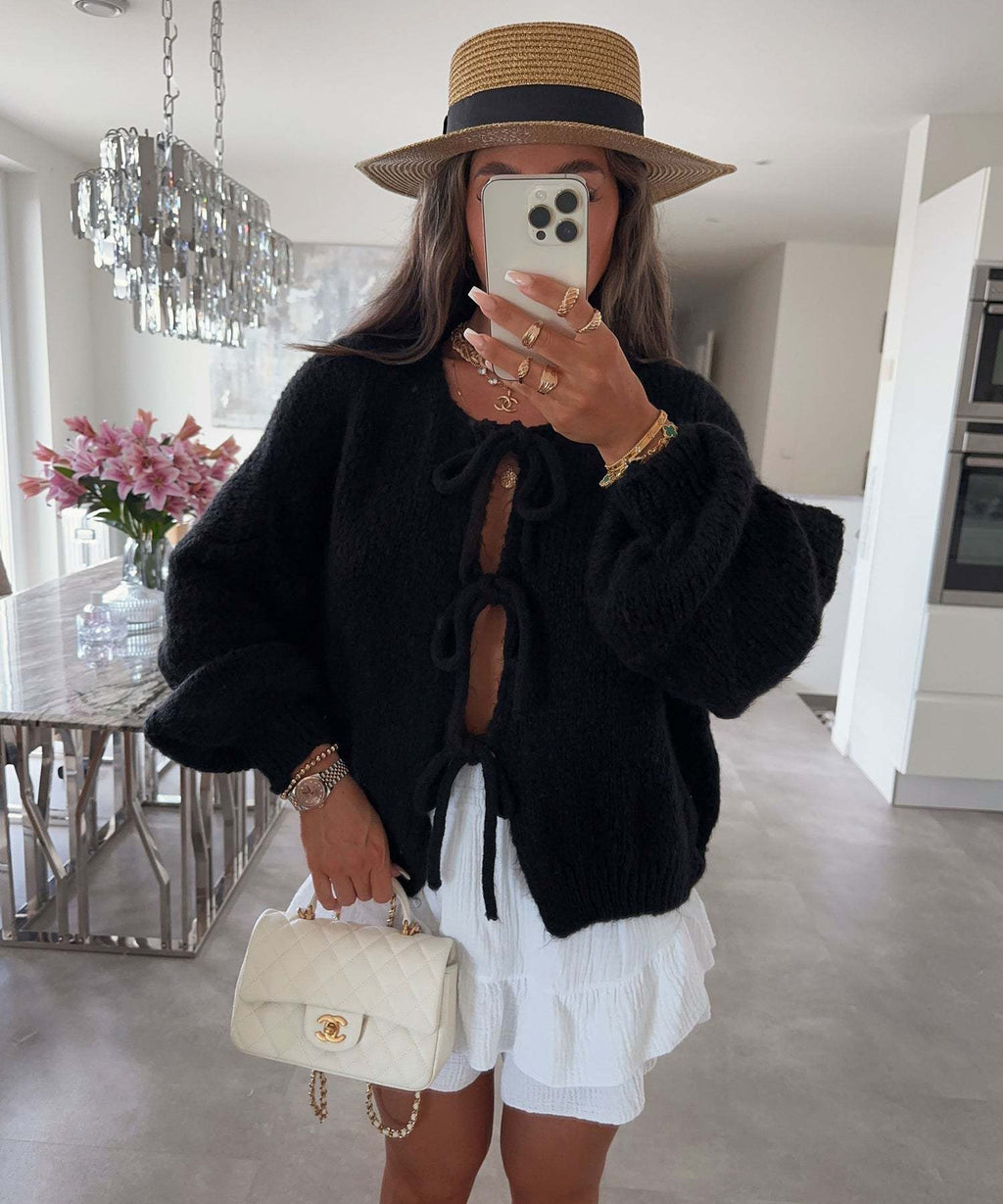 Bow Tie Front Balloon Sleeve Cardigan - black