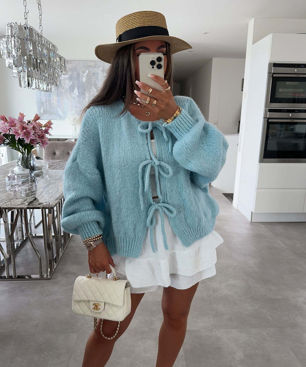 Bow Tie Front Balloon Sleeve Cardigan - blue - 2