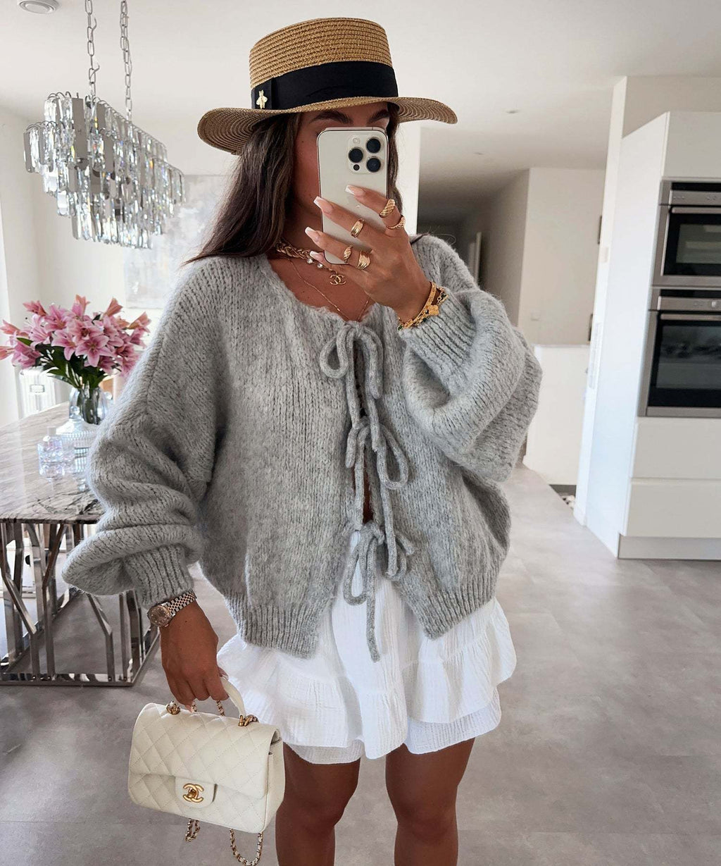 Bow Tie Front Balloon Sleeve Cardigan - grey
