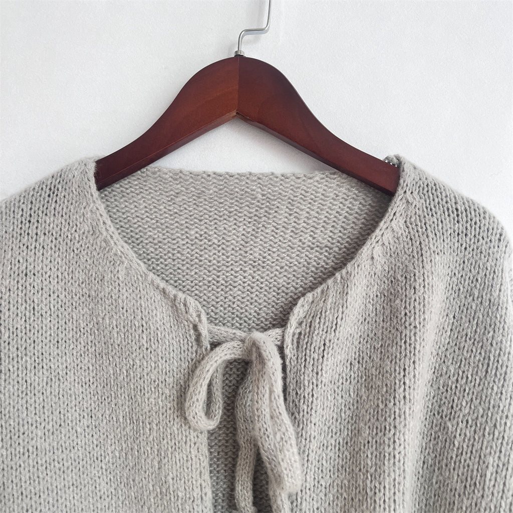 Bow Tie Front Balloon Sleeve Cardigan - grey - 3