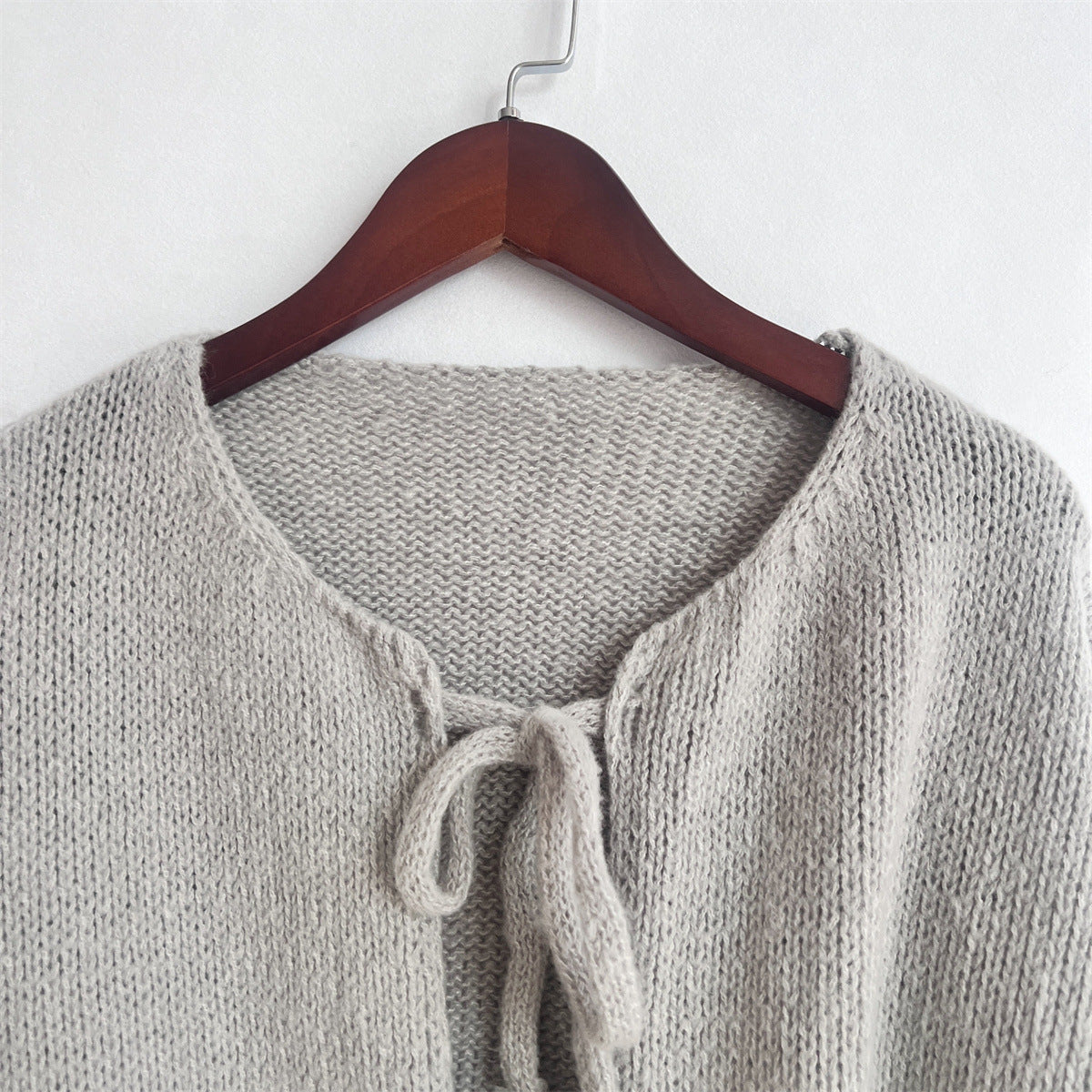 Bow Tie Front Balloon Sleeve Cardigan - grey - 3