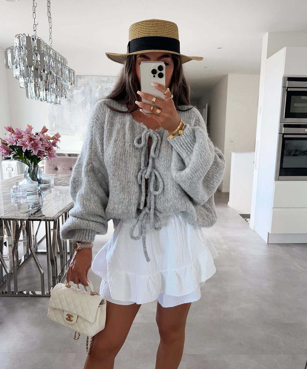 Bow Tie Front Balloon Sleeve Cardigan - grey - 4