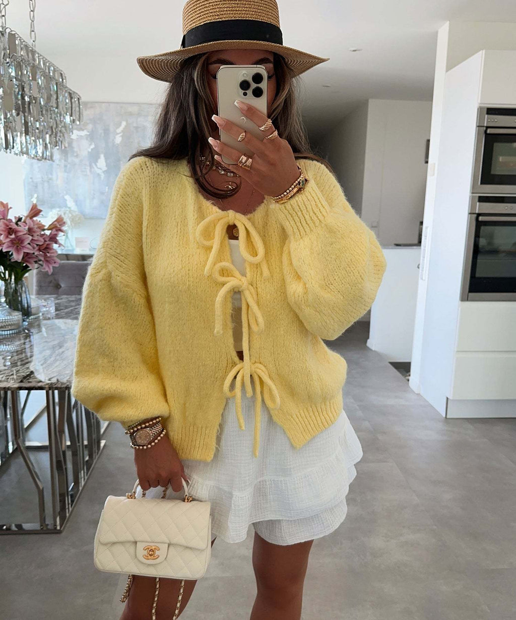 Bow Tie Front Balloon Sleeve Cardigan - yellow