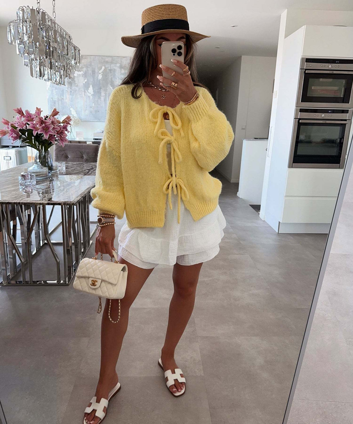 Bow Tie Front Balloon Sleeve Cardigan - yellow - 1