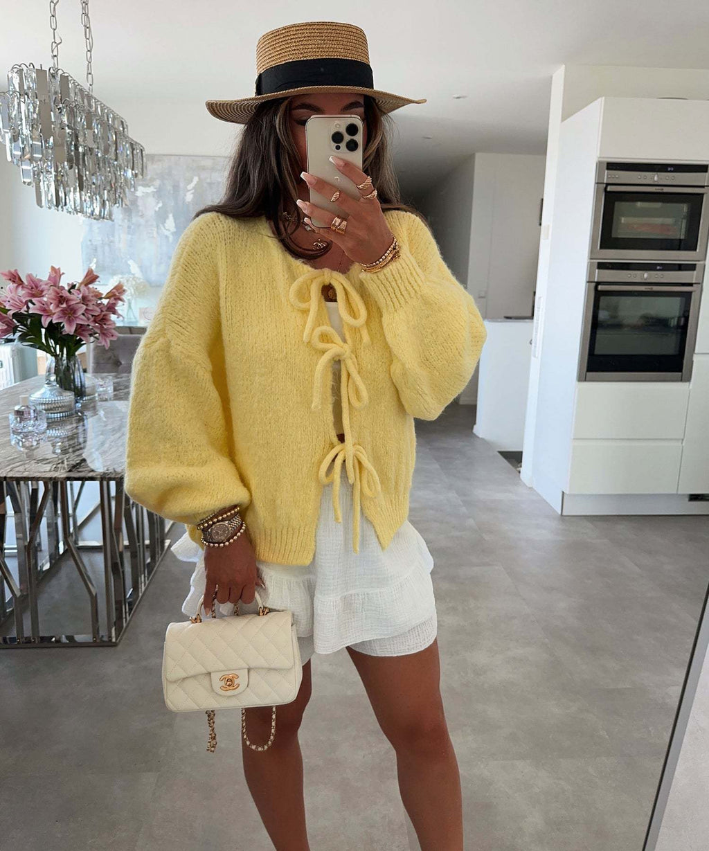 Bow Tie Front Balloon Sleeve Cardigan - yellow - 2