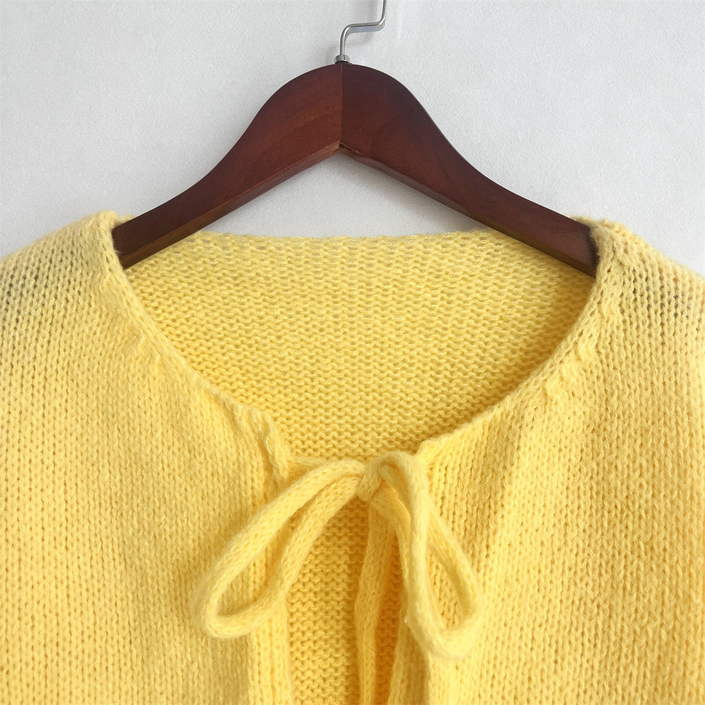 Bow Tie Front Balloon Sleeve Cardigan - yellow - 5