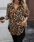 Leopard Print Satin Longline Shirt - Brown