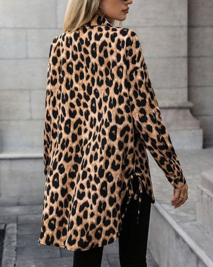 Leopard Print Satin Longline Shirt - Brown - 1