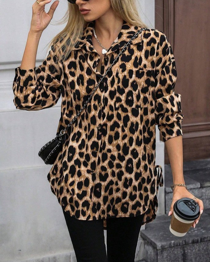 Leopard Print Satin Longline Shirt - Brown - 2