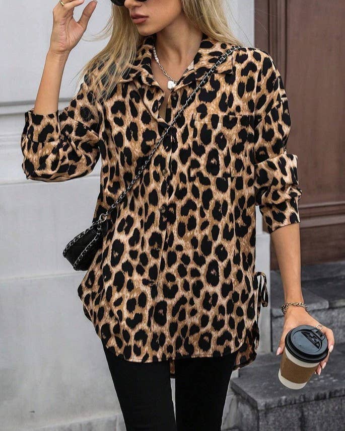 Leopard Print Satin Longline Shirt