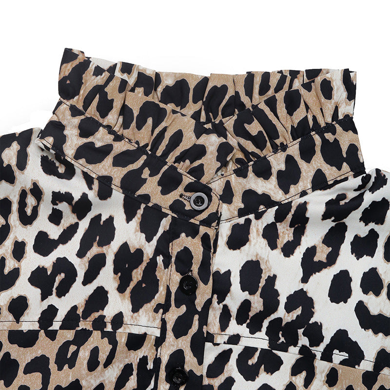 Leopard Print Tiered Long Sleeve Mini Dress - Khaki - 1