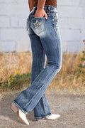 Star Embroidered Pocket Bootcut Stretch Jeans - Blue