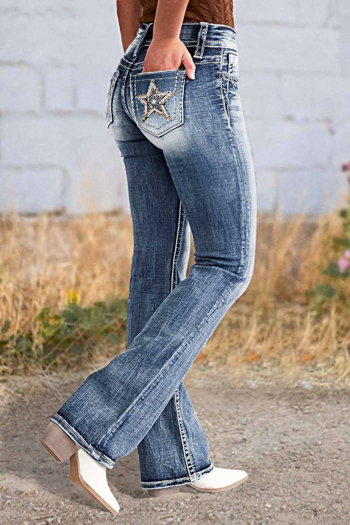 Star Embroidered Pocket Bootcut Stretch Jeans - Blue