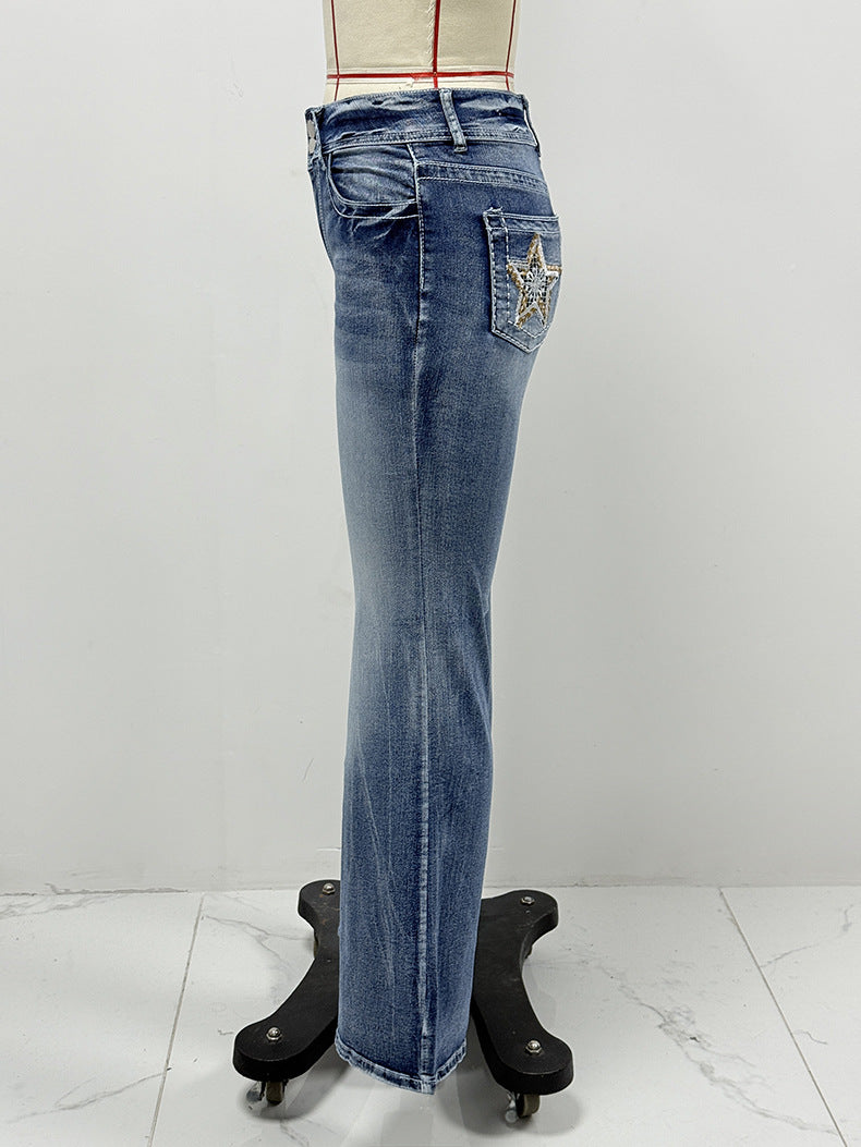 Star Embroidered Pocket Bootcut Stretch Jeans - Blue - 2