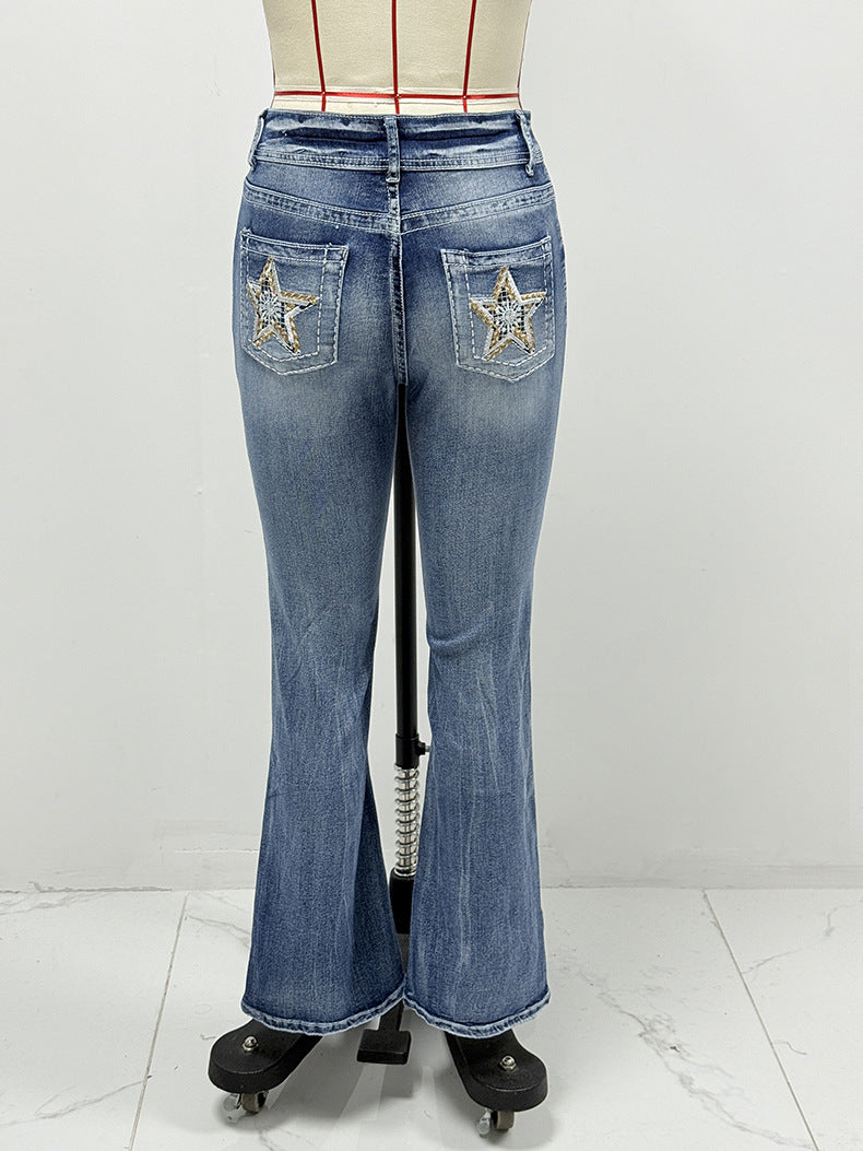 Star Embroidered Pocket Bootcut Stretch Jeans - Blue - 3