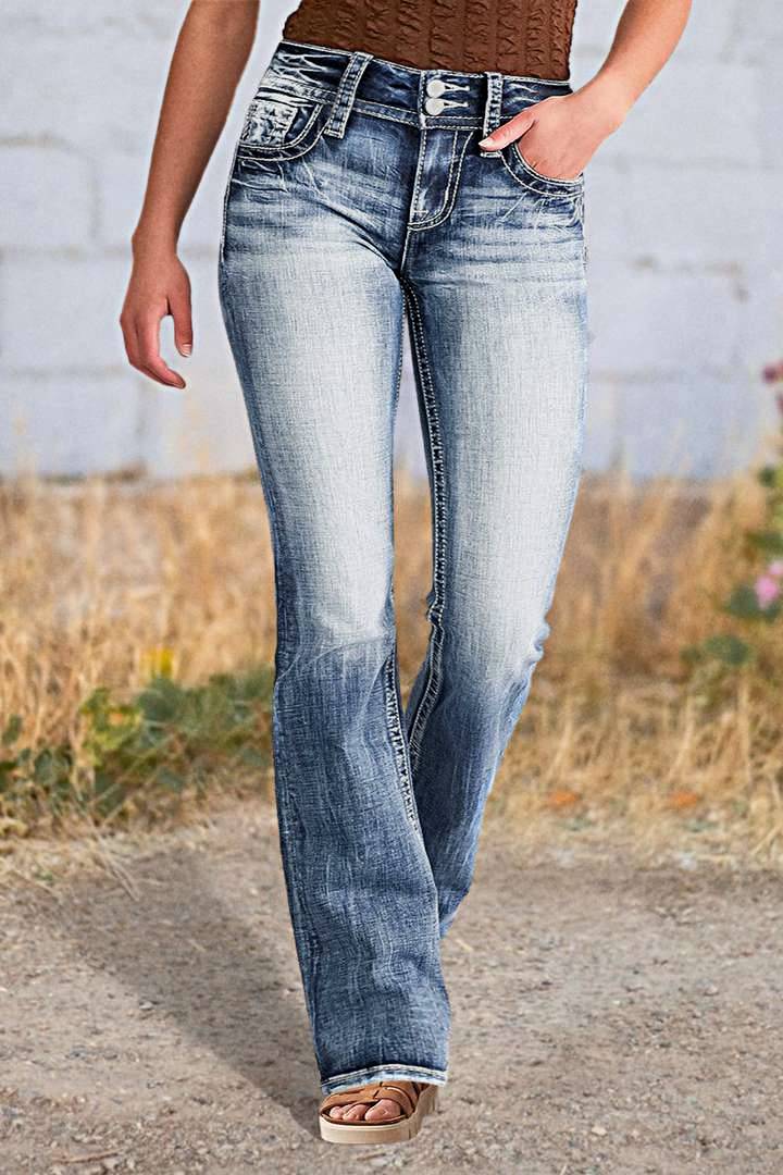 Star Embroidered Pocket Bootcut Stretch Jeans - Blue - 4