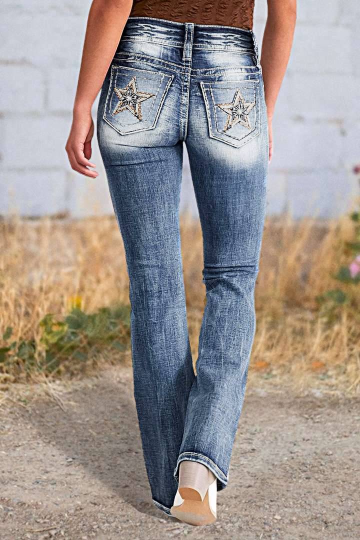 Star Embroidered Pocket Bootcut Stretch Jeans - Blue - 5