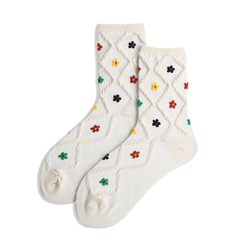 Floral Embroidery Diamond Knit Crew Socks - Beige