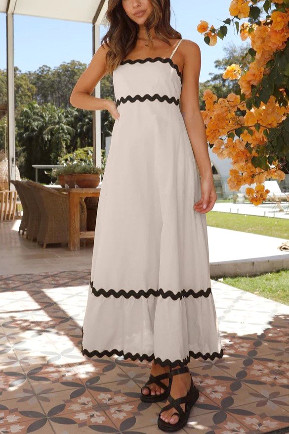 Ric Rac Trim Strappy Tiered Maxi Dress - Apricot