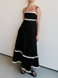 Ric Rac Trim Strappy Tiered Maxi Dress - Black