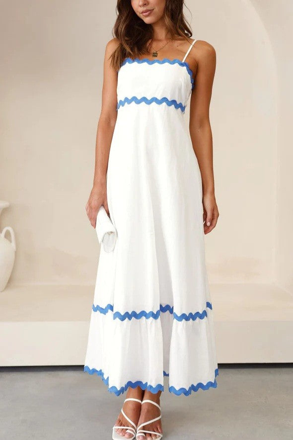 Ric Rac Trim Strappy Tiered Maxi Dress - BlueWhite