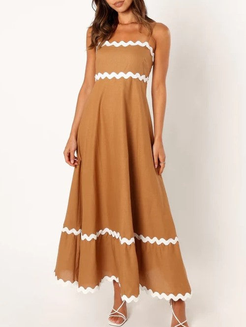 Ric Rac Trim Strappy Tiered Maxi Dress - Coffee