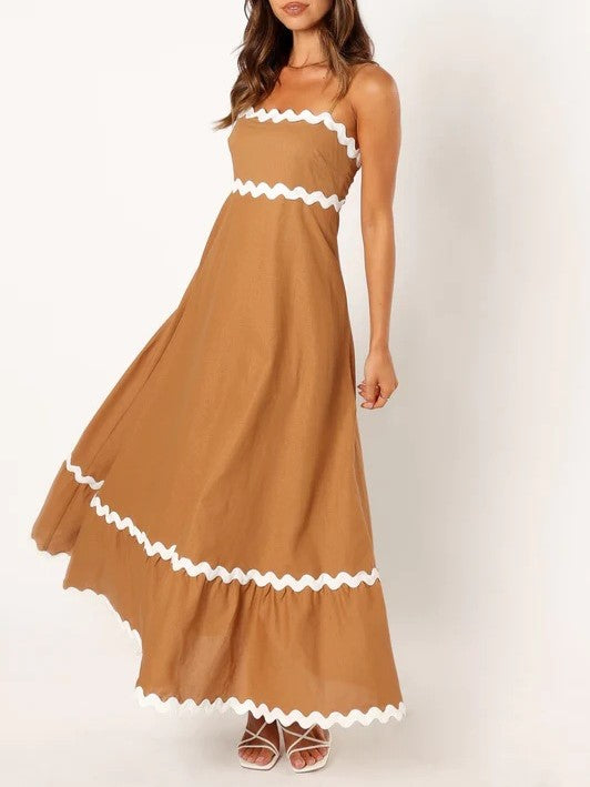 Ric Rac Trim Strappy Tiered Maxi Dress - Coffee - 1