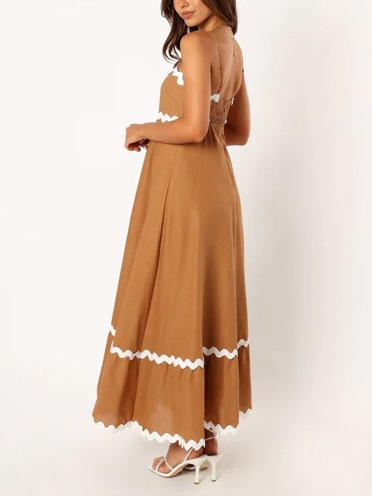 Ric Rac Trim Strappy Tiered Maxi Dress - Coffee - 2