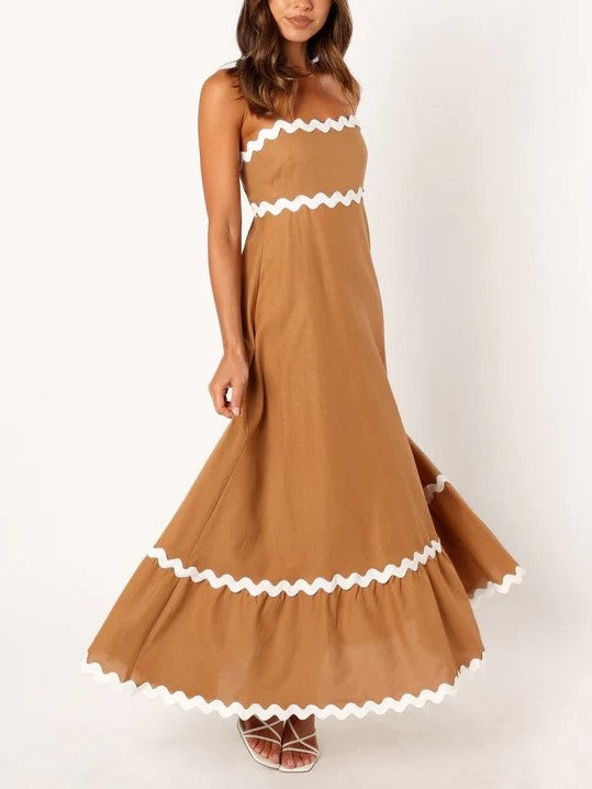 Ric Rac Trim Strappy Tiered Maxi Dress - Coffee - 3
