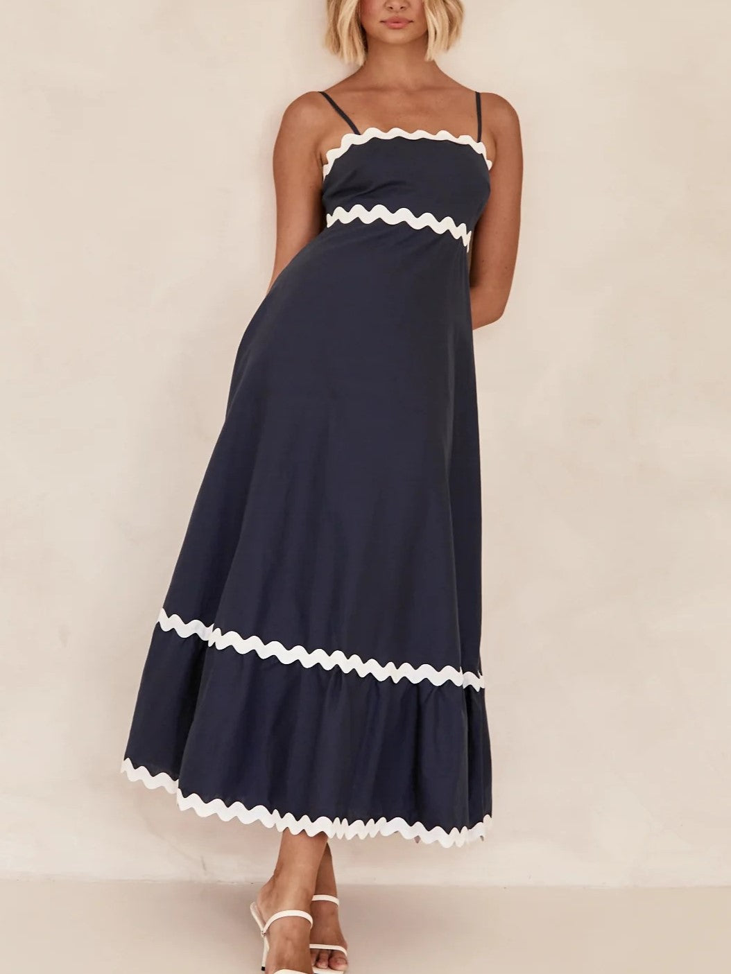 Ric Rac Trim Strappy Tiered Maxi Dress - Dark Blue