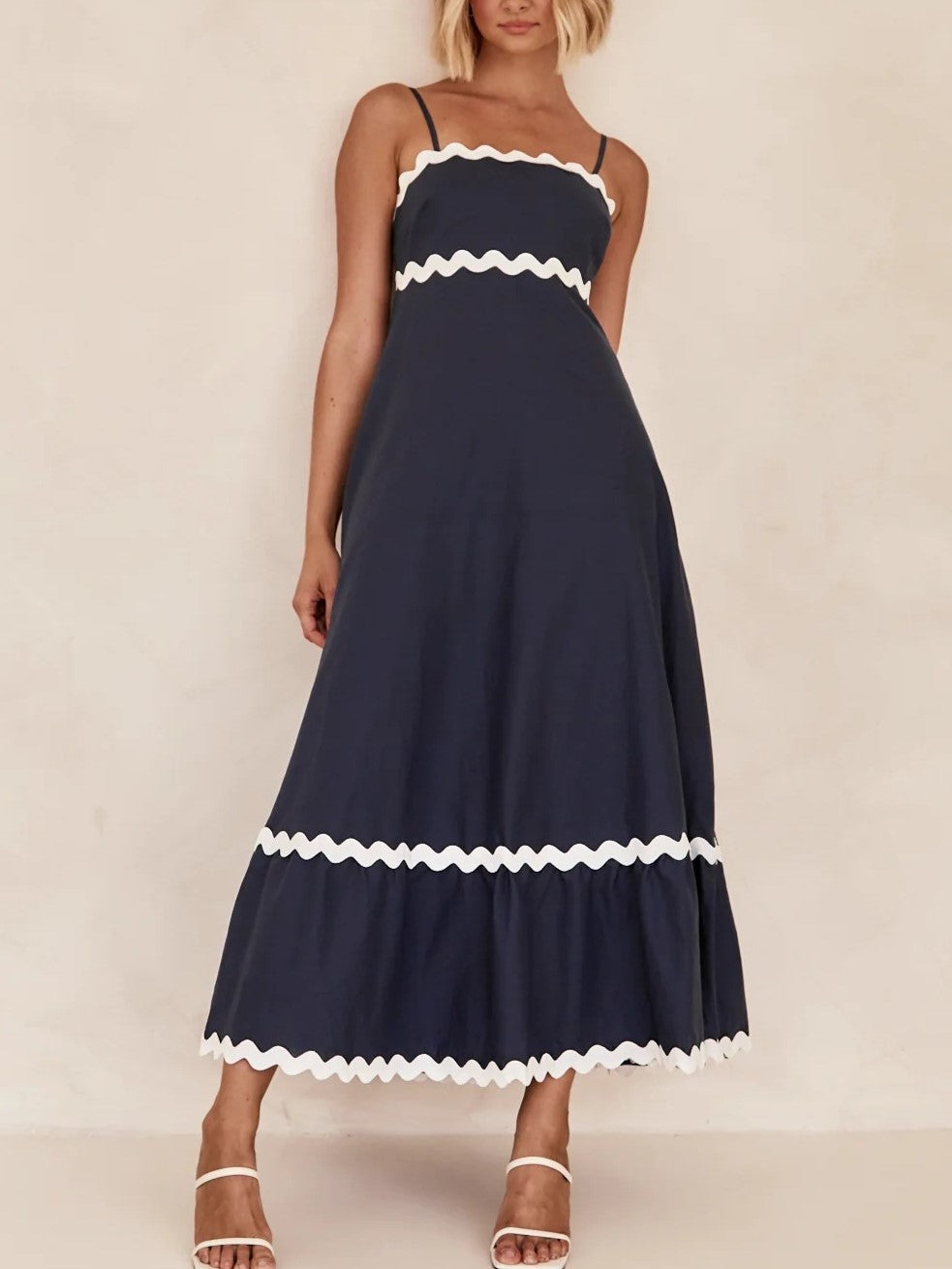 Ric Rac Trim Strappy Tiered Maxi Dress - Dark Blue - 1