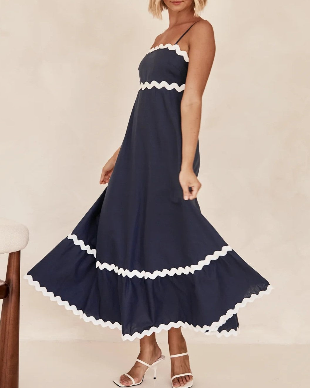 Ric Rac Trim Strappy Tiered Maxi Dress - Dark Blue - 2
