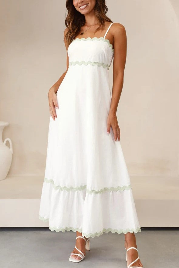 Ric Rac Trim Strappy Tiered Maxi Dress - GreenWhite - 1
