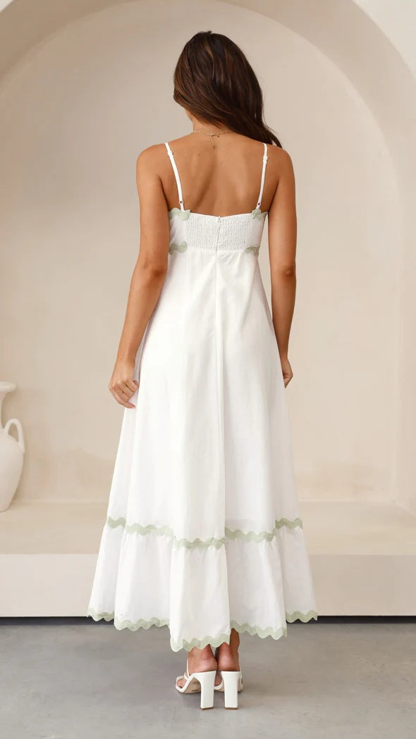 Ric Rac Trim Strappy Tiered Maxi Dress - GreenWhite - 2