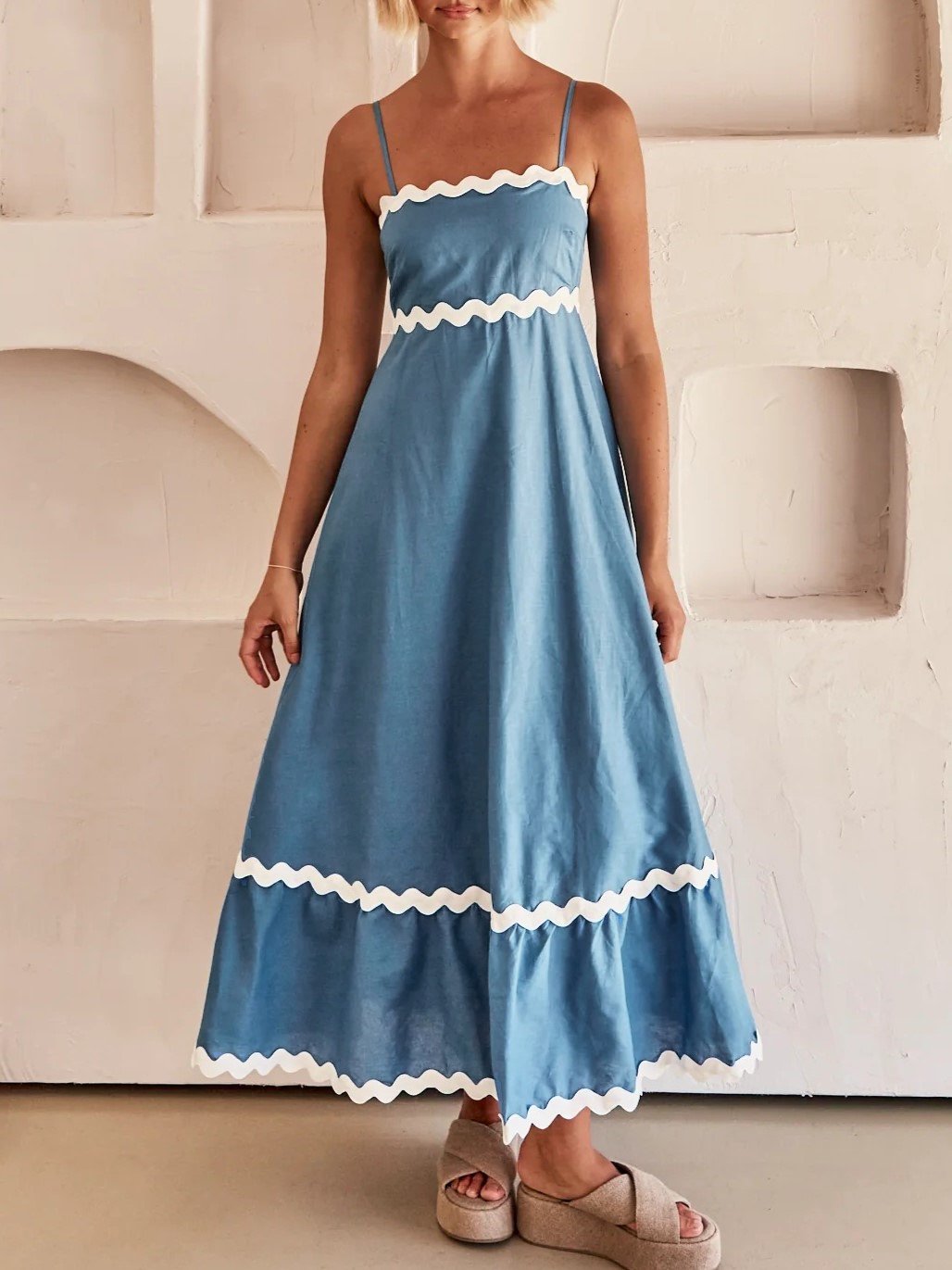 Ric Rac Trim Strappy Tiered Maxi Dress - Lake Blue