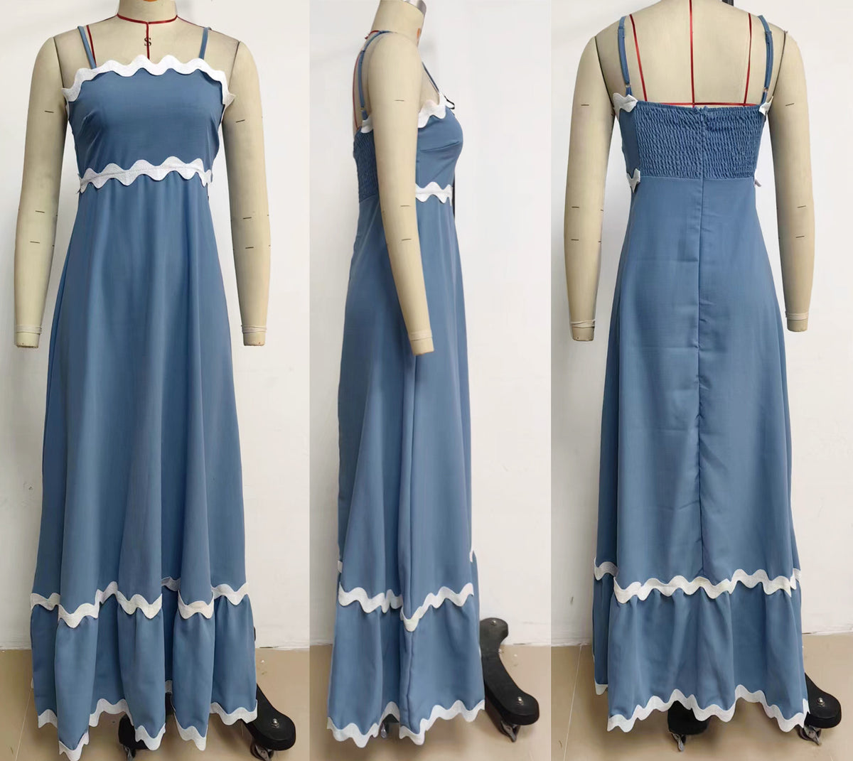 Ric Rac Trim Strappy Tiered Maxi Dress - Lake Blue - 1