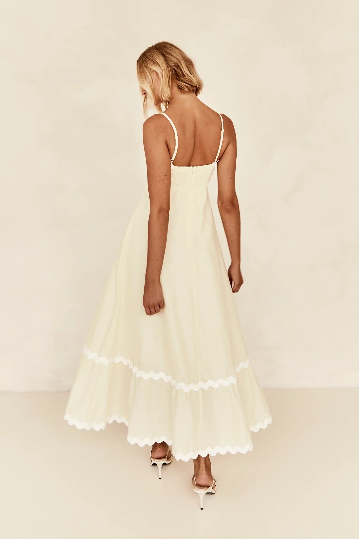 Ric Rac Trim Strappy Tiered Maxi Dress - LightYellow - 2