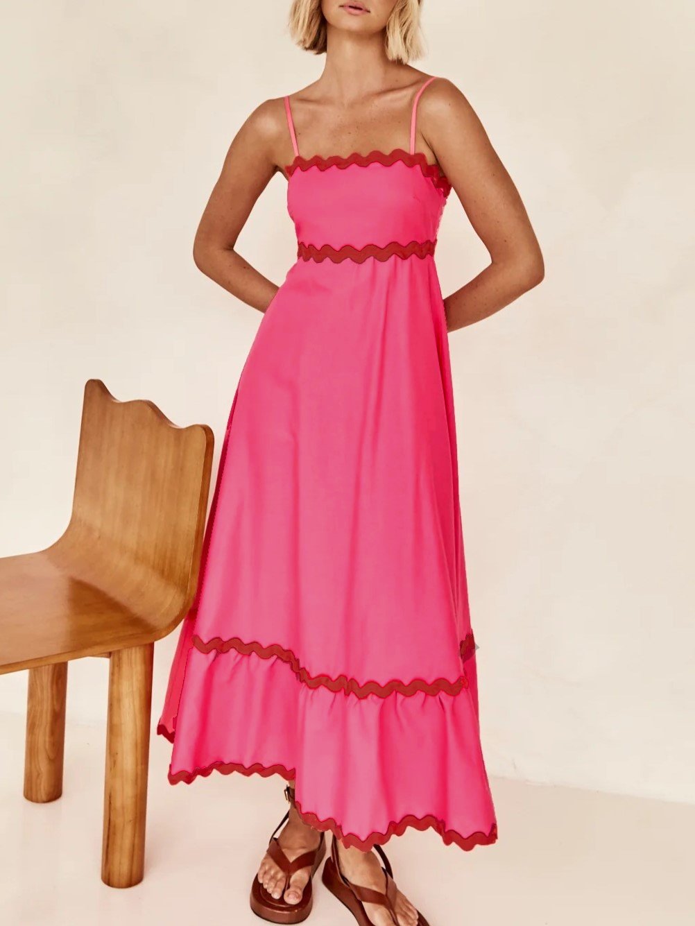 Ric Rac Trim Strappy Tiered Maxi Dress - Rose Red