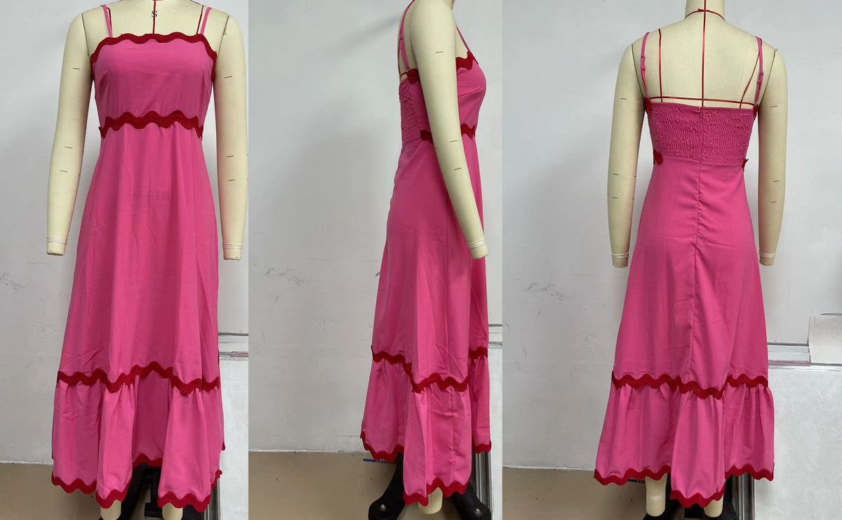 Ric Rac Trim Strappy Tiered Maxi Dress - Rose Red - 1