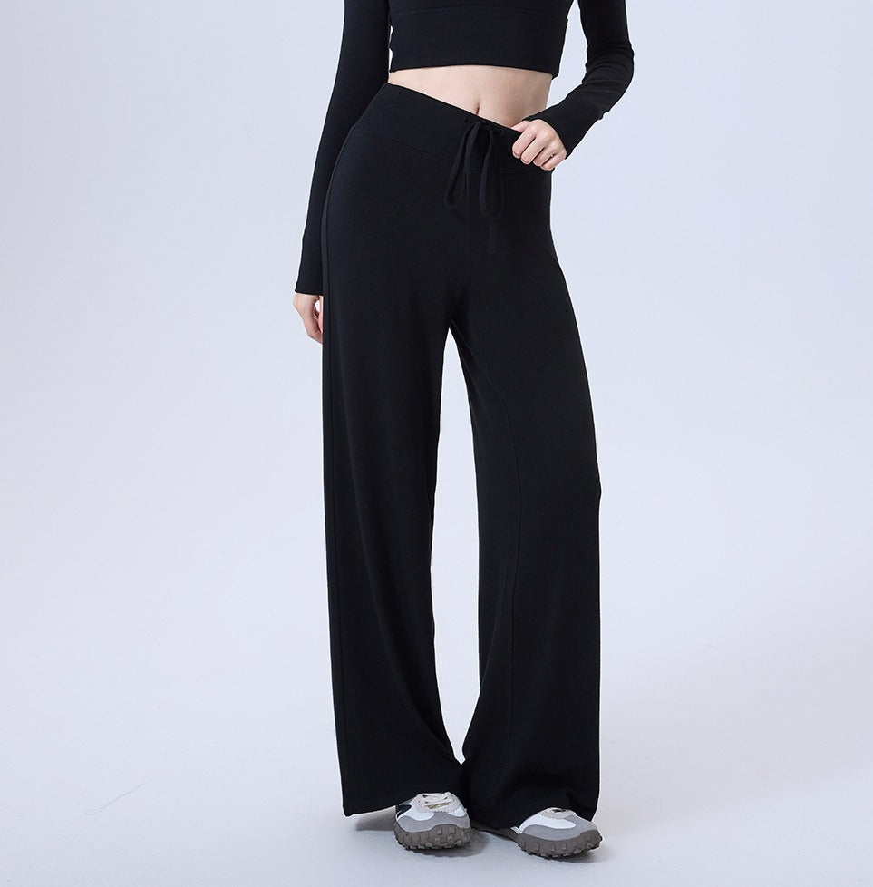 Soft Knit Drawstring Wide Leg Yoga Pants - Black