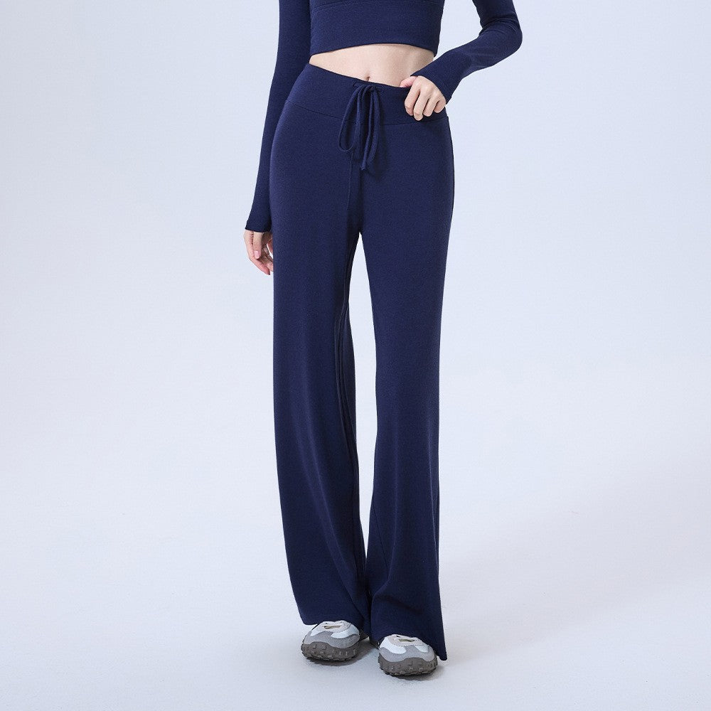 Soft Knit Drawstring Wide Leg Yoga Pants - Navy