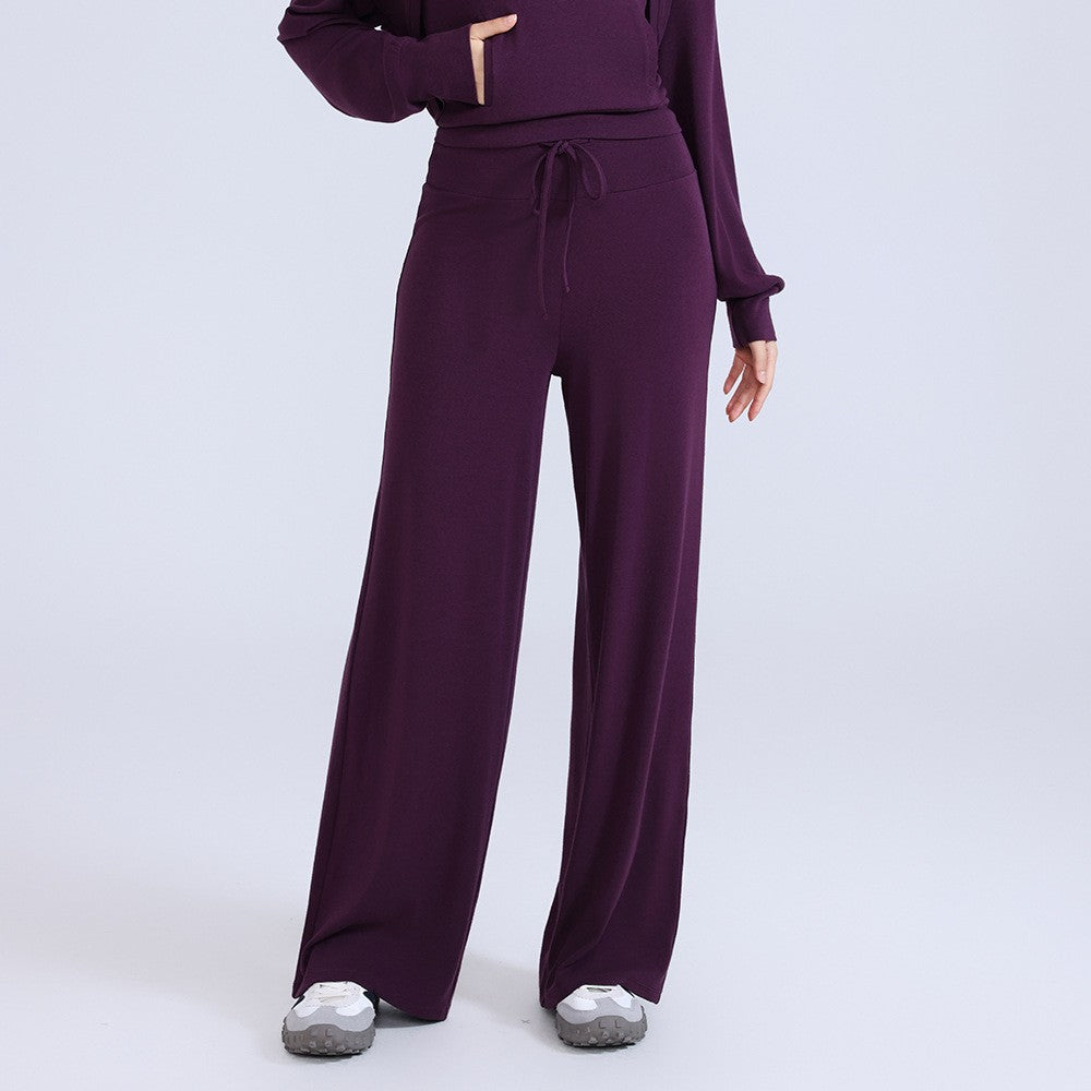 Soft Knit Drawstring Wide Leg Yoga Pants - Plum