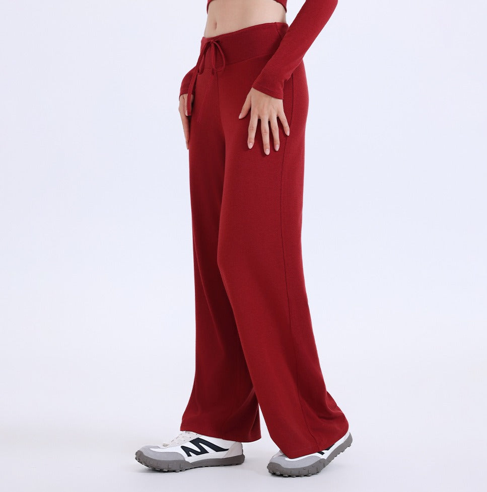 Soft Knit Drawstring Wide Leg Yoga Pants - Ruby Red