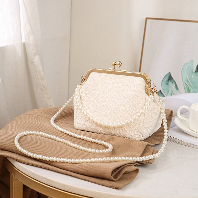 Embossed Kiss Lock Frame Bag with Pearl Handle - Ivory Pearl