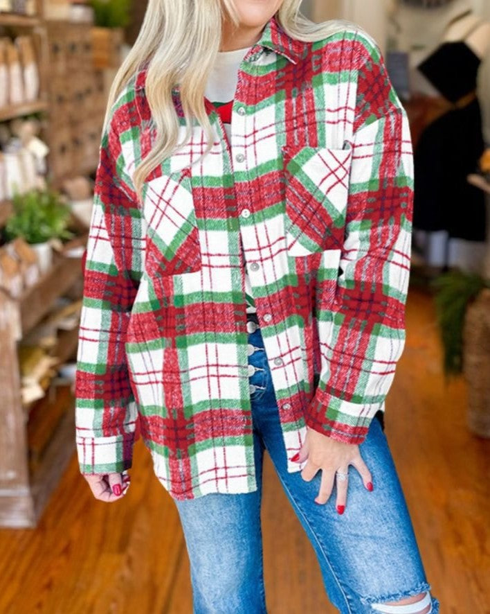 Oversized Plaid Flannel Shirt Jacket - Red - 1