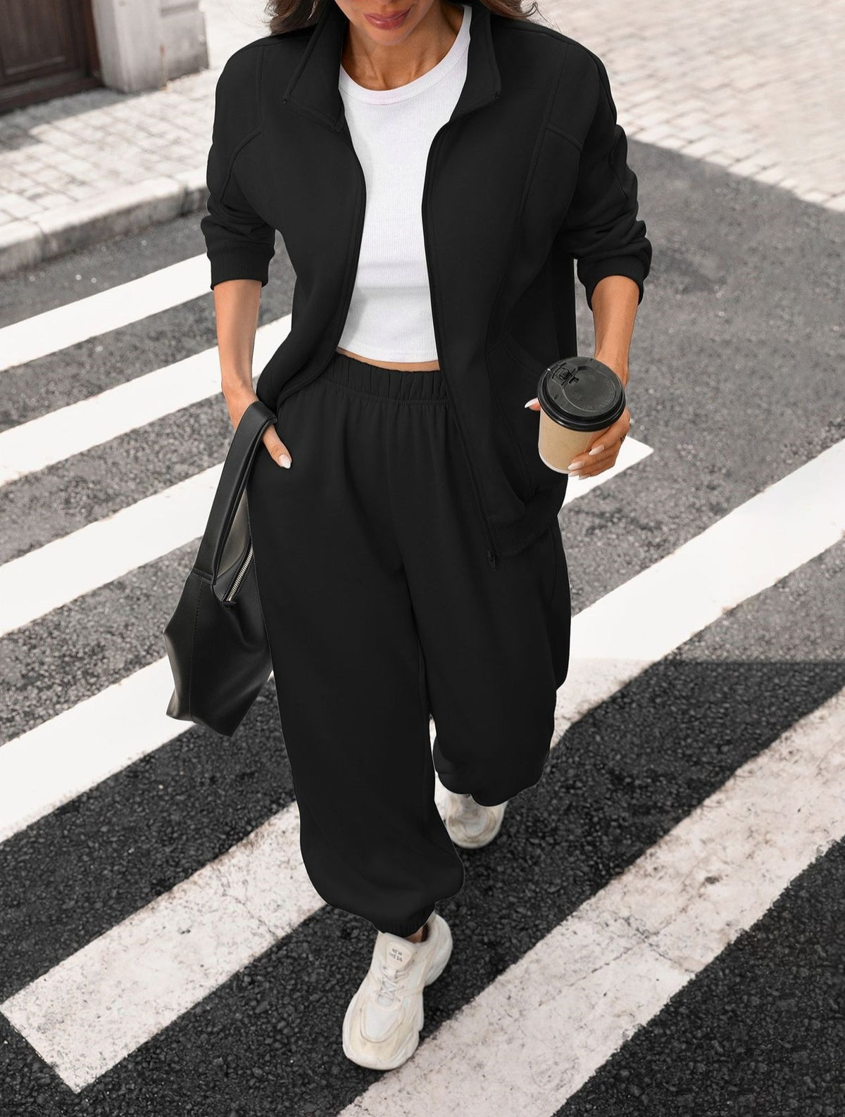 Stand Collar Track Jacket And Jogger Set - Black