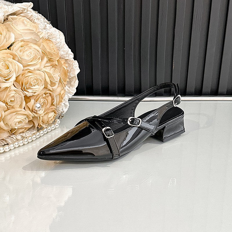 Pointed Toe Buckle Strap Slingback Heels - Black