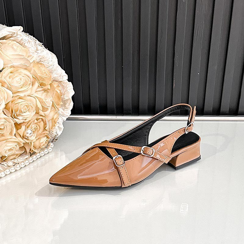 Pointed Toe Buckle Strap Slingback Heels - Camel
